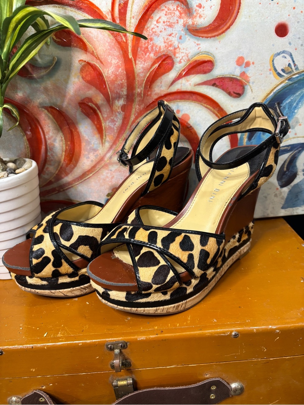 Gianni Bini Leopard Print Ankle-Strap Wedge Sandals - Black & Tan